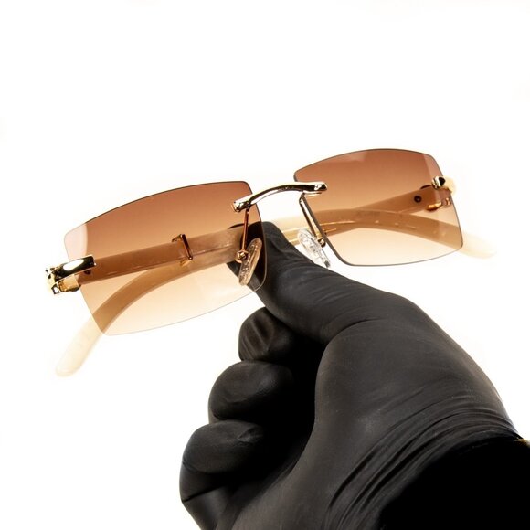 Retro Gold Frame Brown Tint Rimless Buffs White Woodgrain Arm Sunglasses - Picture 4 of 7
